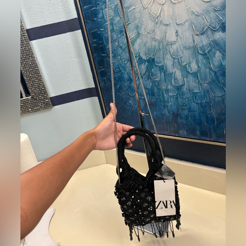 Zara Black Beaded Shoulder Bag with Silver Chain